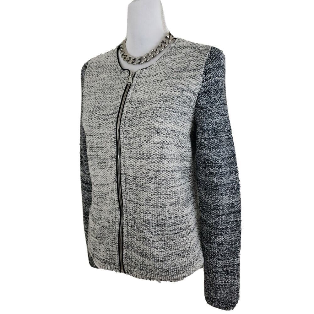 Talbots ~Woman M~ White/Black, Silver Strips Cardigan Sweater Knit Zip-Up Jacket